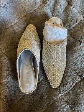 Anne Klein Champagne Rhinestone Slip-On Mules